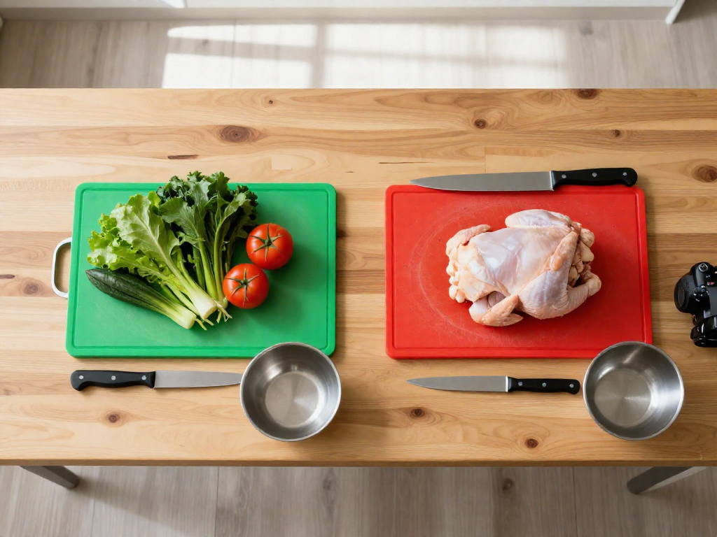 Overhead view of a kitchen island with two distinct meal prep stations: one with vegetables on a green board, the other with chicken on a red board.