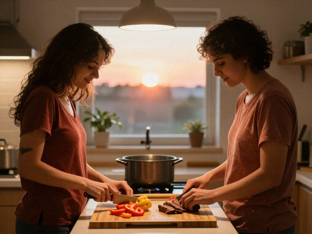 A couple cooking side by side in a kitchen, each at their own cutting board with vegetables and meat.