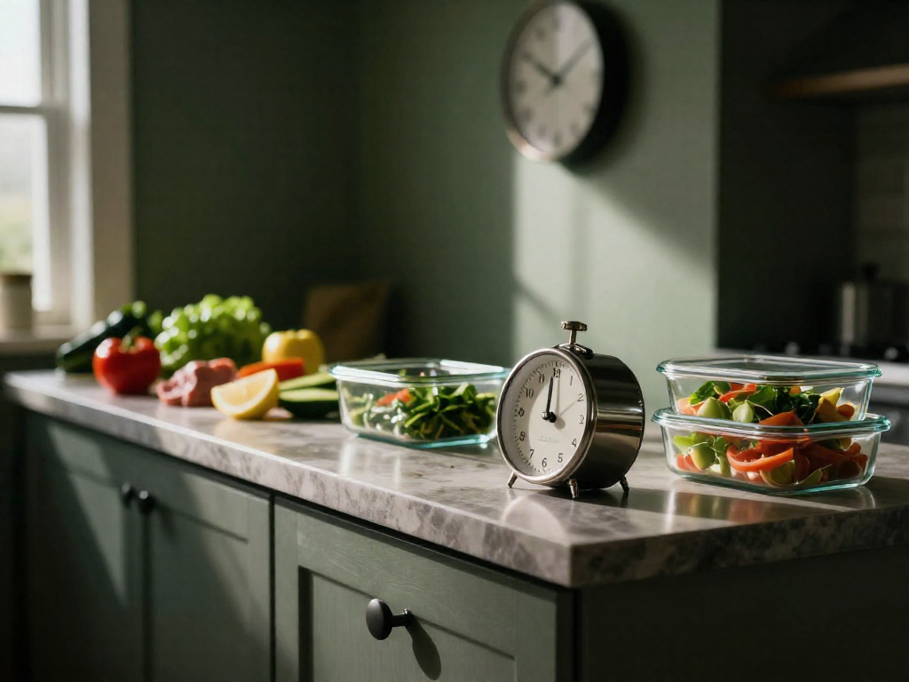 A kitchen counter showing meal prep progression from raw ingredients to finished containers, with a timer in front.