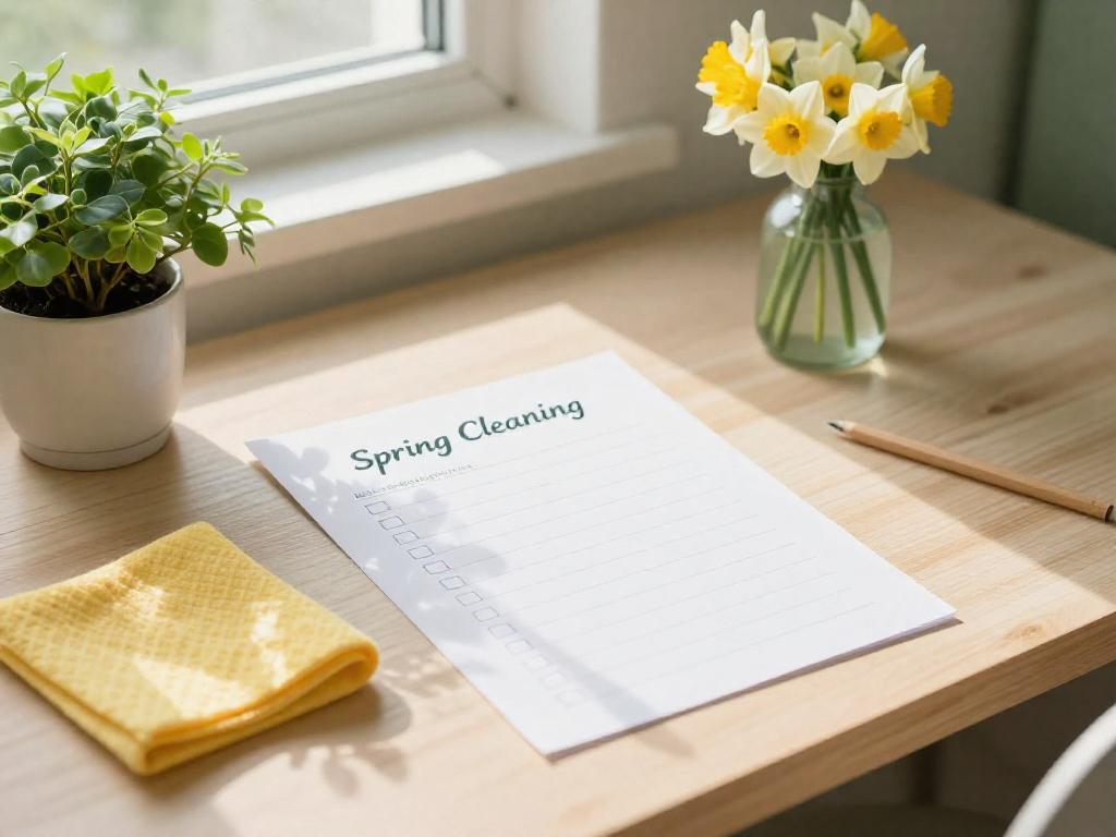 A desk with a spring cleaning checklist, cleaning supplies, and flowers in soft morning light.