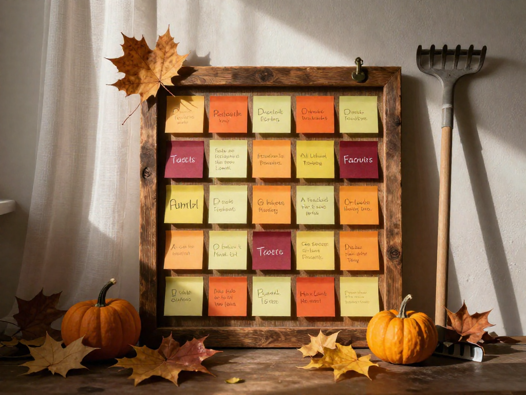 A wall planner with autumn decorations and yard tools, bathed in warm afternoon light.