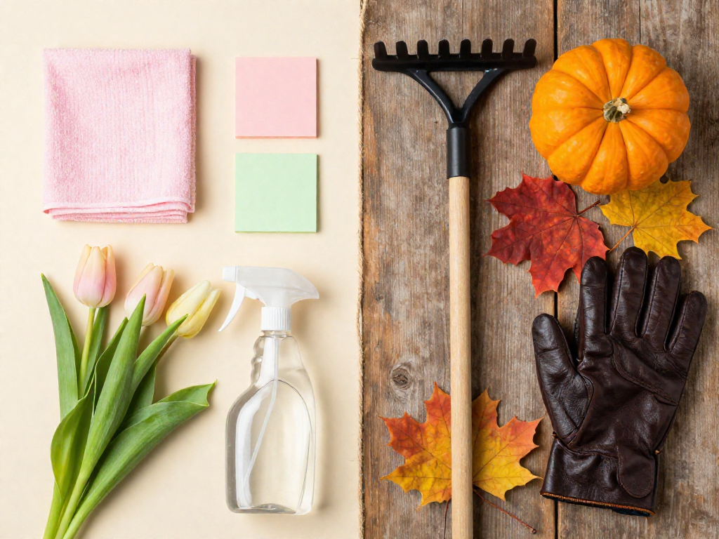 A split flat lay of spring cleaning items on the left and fall yard work items on the right.