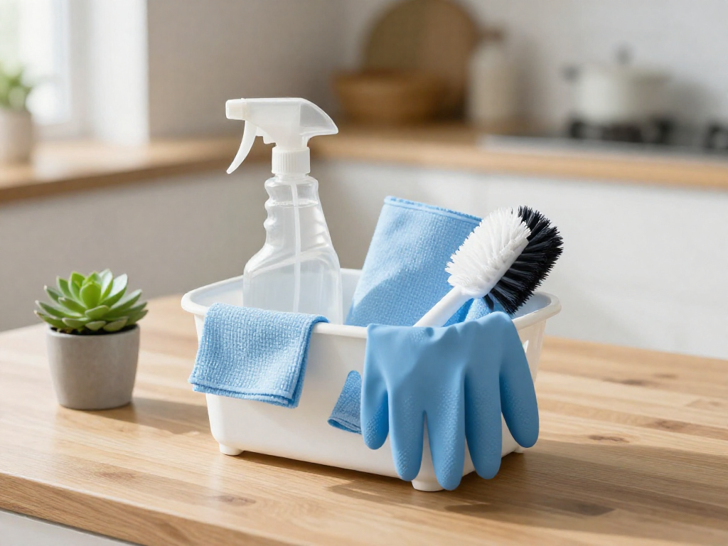 A cleaning caddy filled with spray bottles, cloths, and brushes on a kitchen counter.