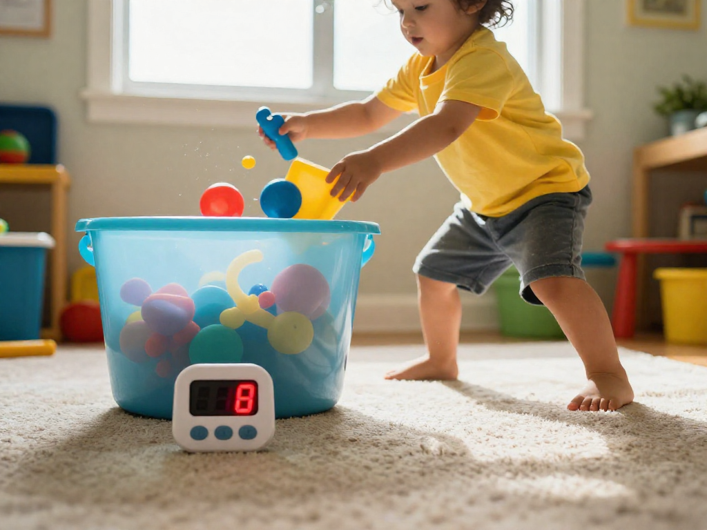 A child racing to put toys away before the timer rings.
