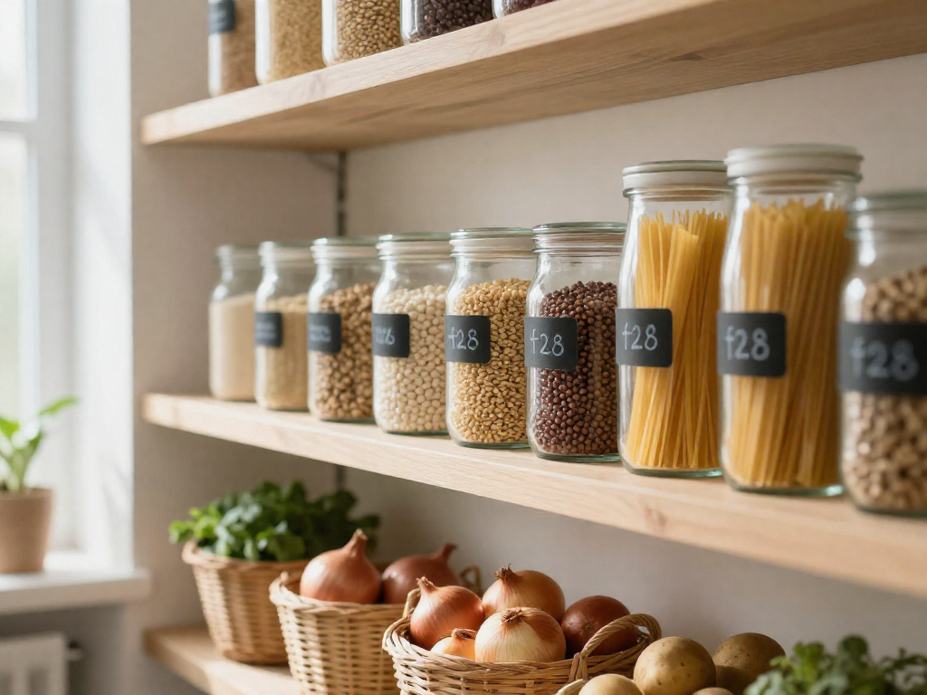 Organized pantry shelf with glass jars neatly labeled and arranged in rows, illuminated by natural light.