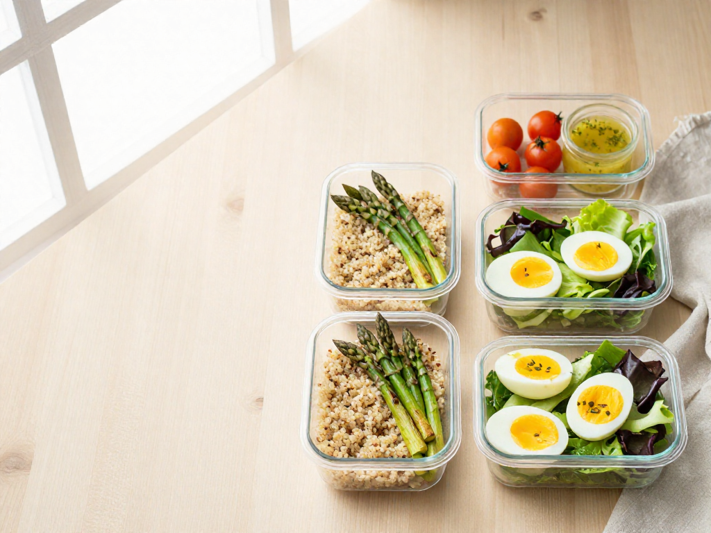 Overhead view of meal prep containers with quinoa, roasted asparagus, soft-boiled eggs, and greens on a light wooden surface.