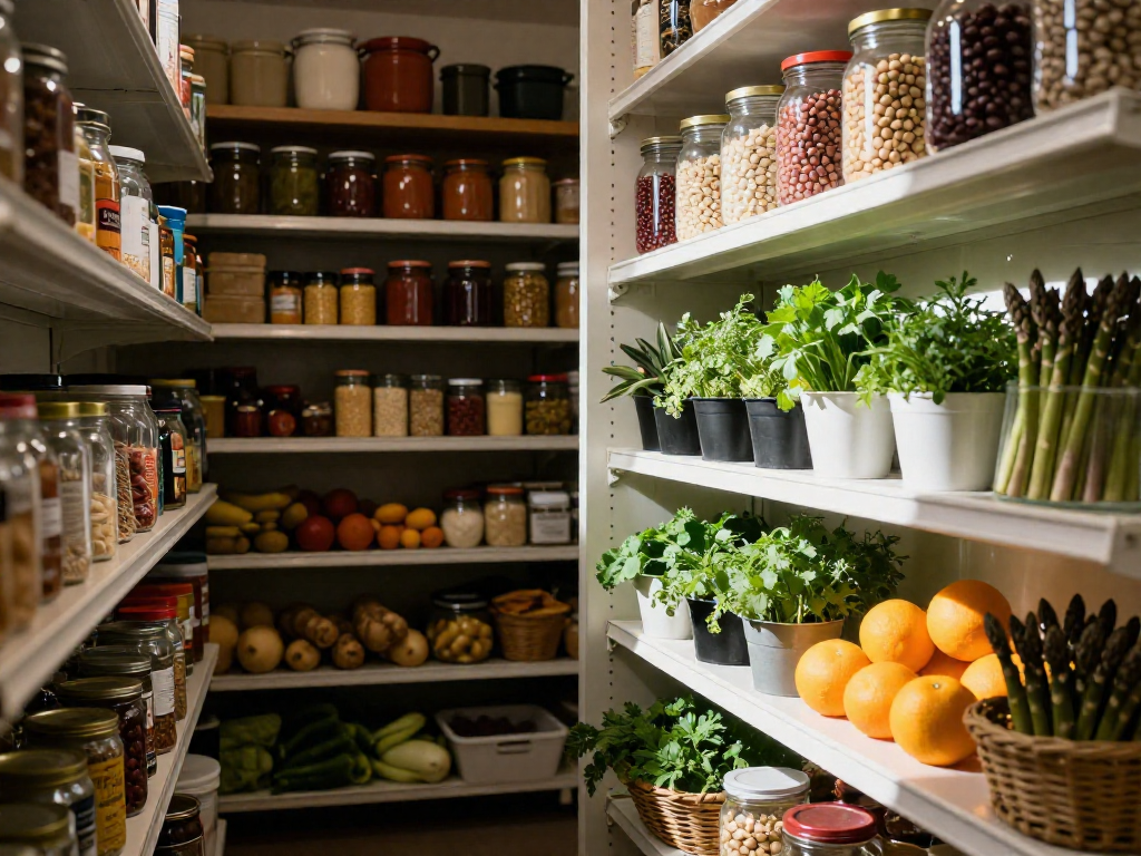 Pantry transformation: left side shows a cluttered, dimly lit winter pantry; right side shows an organized, brightly lit spring pantry with fresh produce.