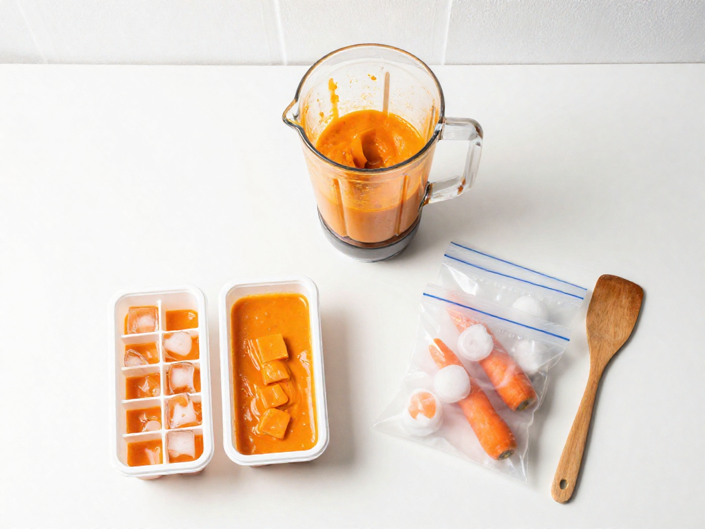 Colorful vegetable puree cubes being frozen in ice cube trays and stored in clear plastic bags on a countertop.