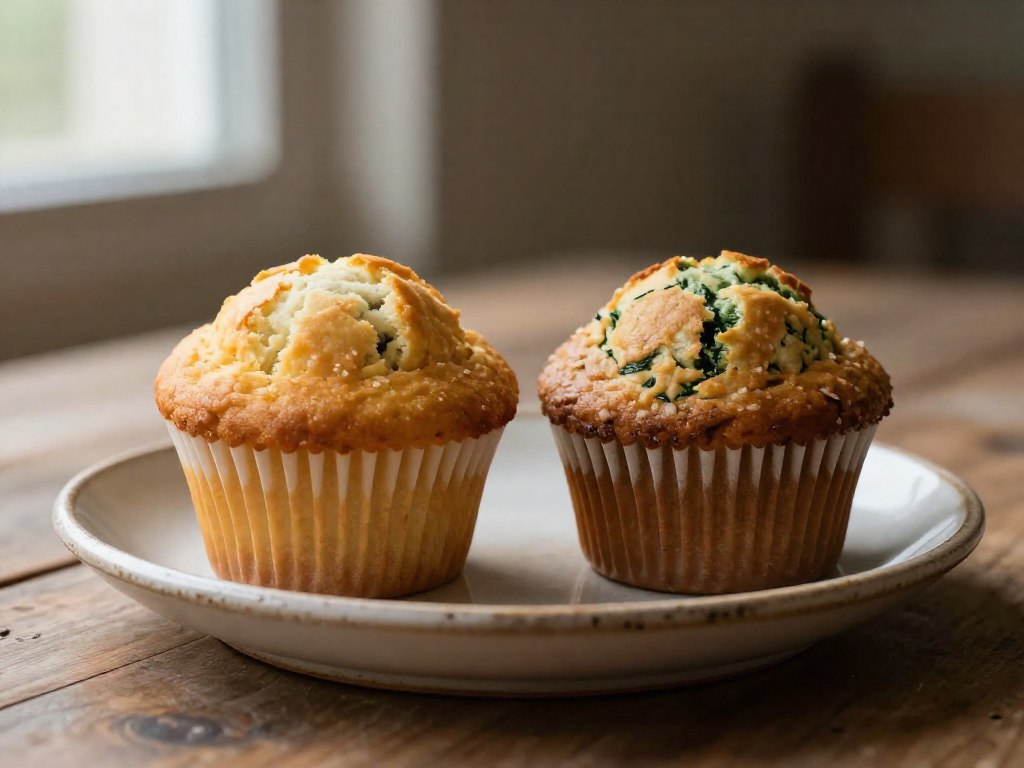 Two identical-looking muffins on a plate, one plain and one with hidden spinach, indistinguishable from each other.