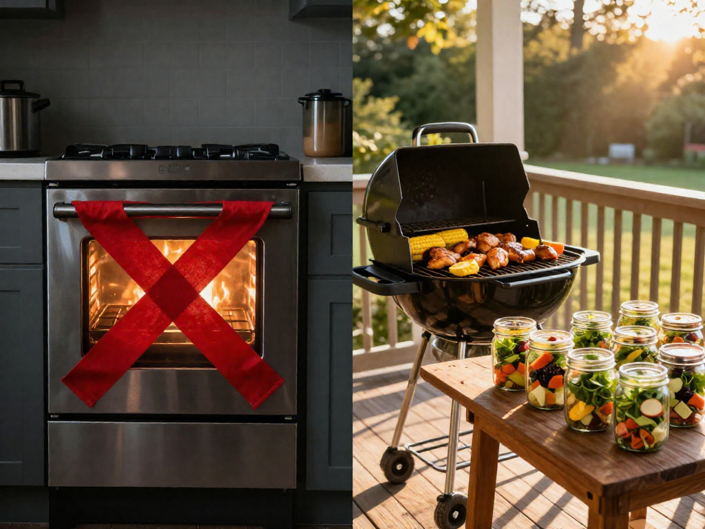 A split image showing an indoor oven marked with a red X on the left, and a sunny porch with a grill and prepared salad jars on a table on the right.