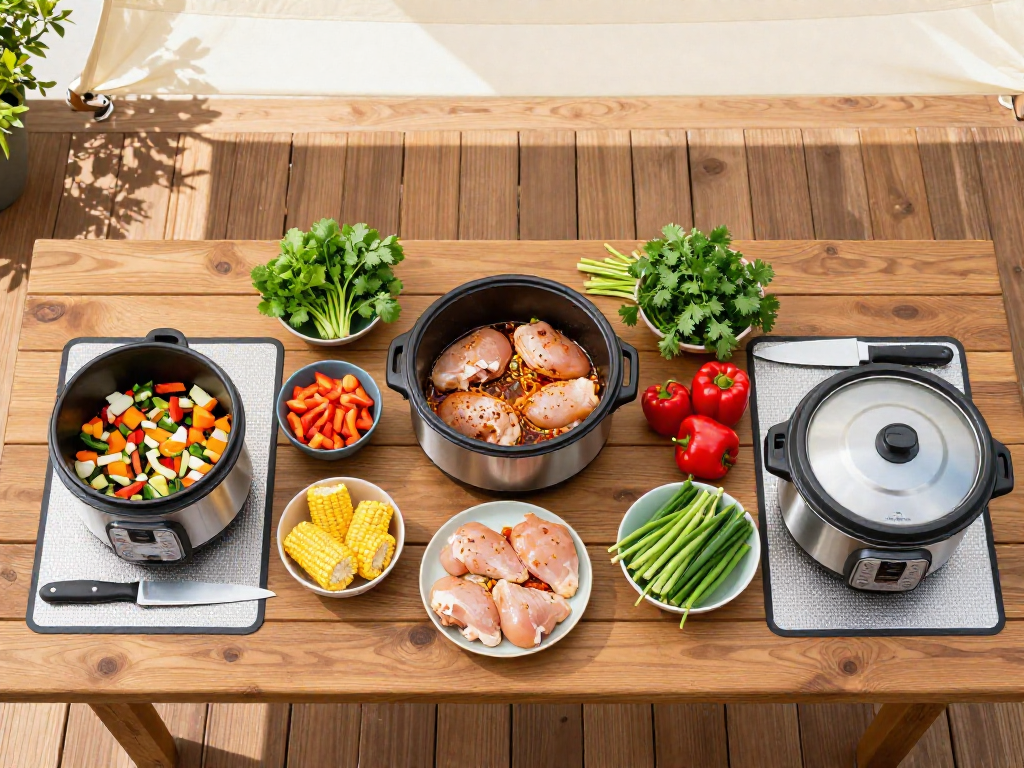 Overhead view of an outdoor wooden table with a slow cooker, Instant Pot, and various fresh ingredients arranged for batch cooking.