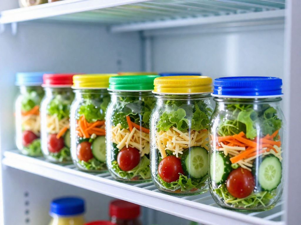 A row of mason jar salads with colorful layers arranged on a refrigerator shelf.