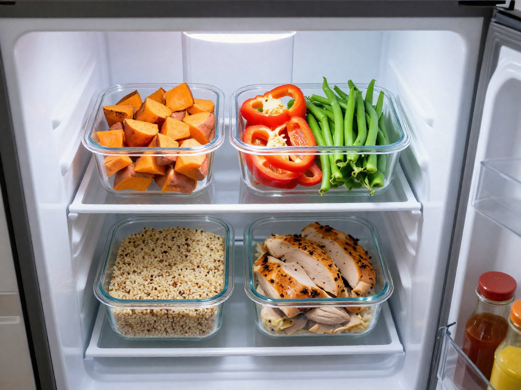 Glass containers filled with prepped meal ingredients in a refrigerator.