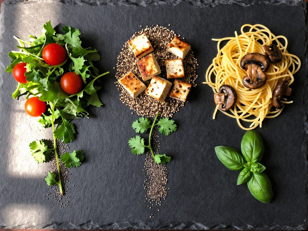 Top-down arrangement of various food components suggesting different meal combinations.