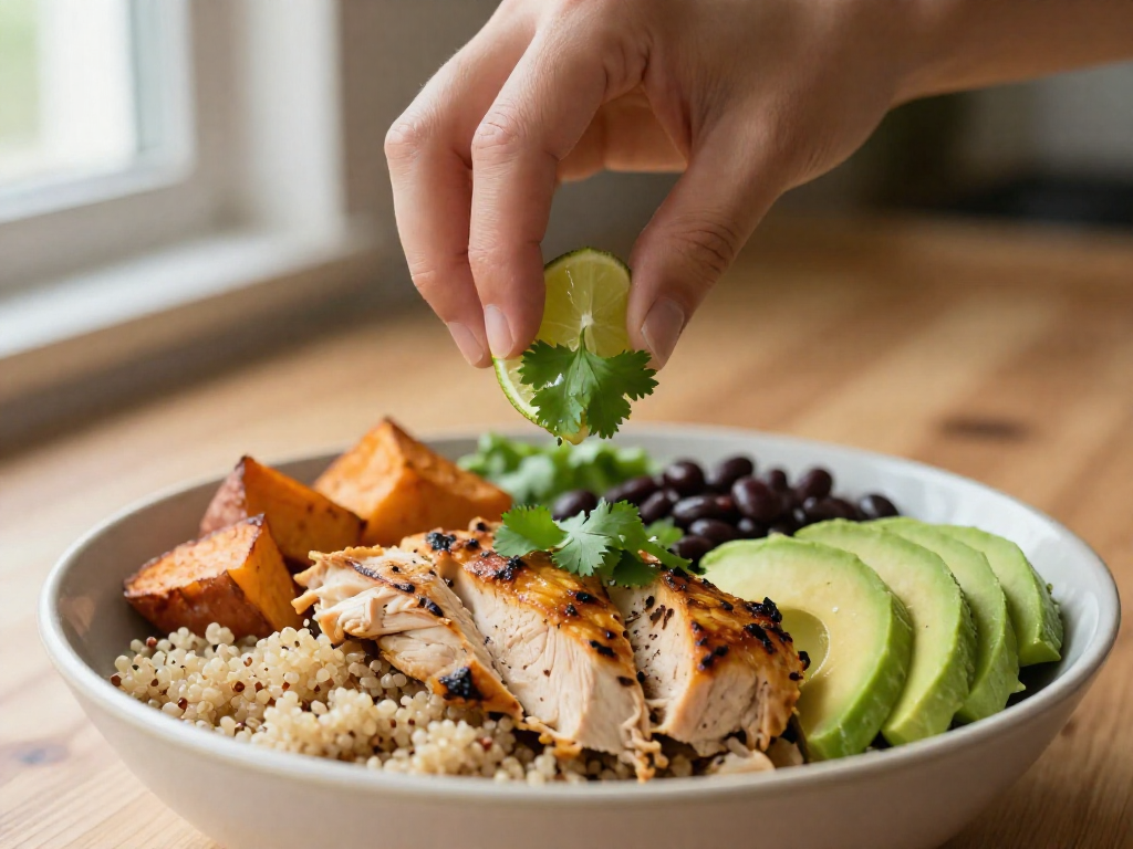 A bowl of grain salad with a hand sprinkling fresh herbs on top.