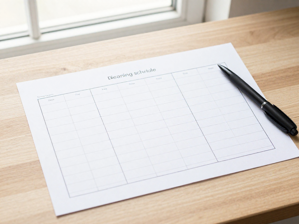 A blank weekly cleaning schedule with boxes for each day and task, lying on a wooden desk with a pen.
