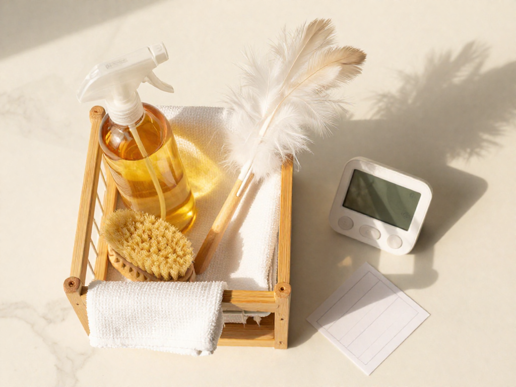 A white timer next to a bamboo cleaning caddy with spray bottle, cloth, brush, and duster, with blank task cards.