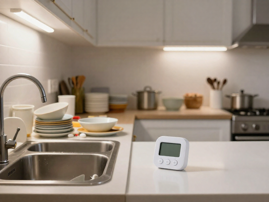 Left side a cluttered kitchen with dirty dishes, right side the same kitchen clean and organized, with a blank timer in the middle.