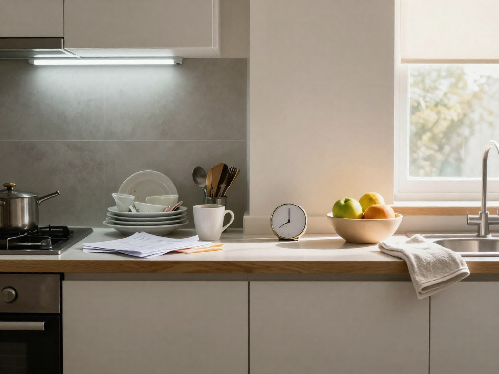 Split image showing a cluttered kitchen counter on the left and a clean, organized counter with a timer on the right.