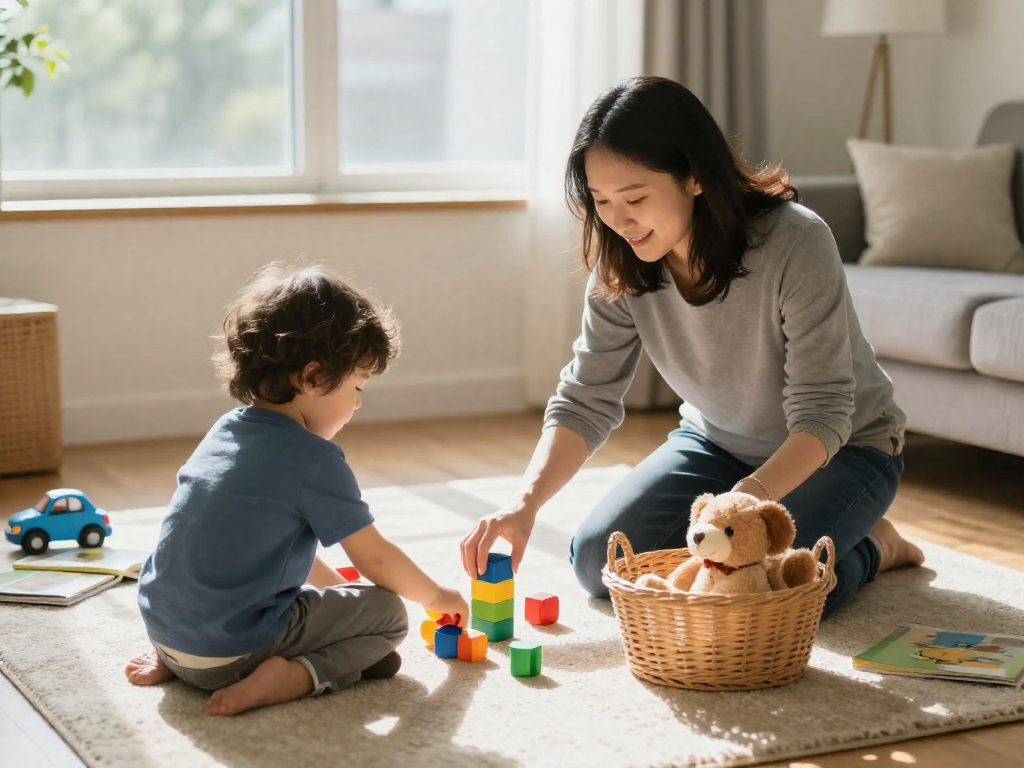 A parent and a child picking up toys from the living room floor, working together.
