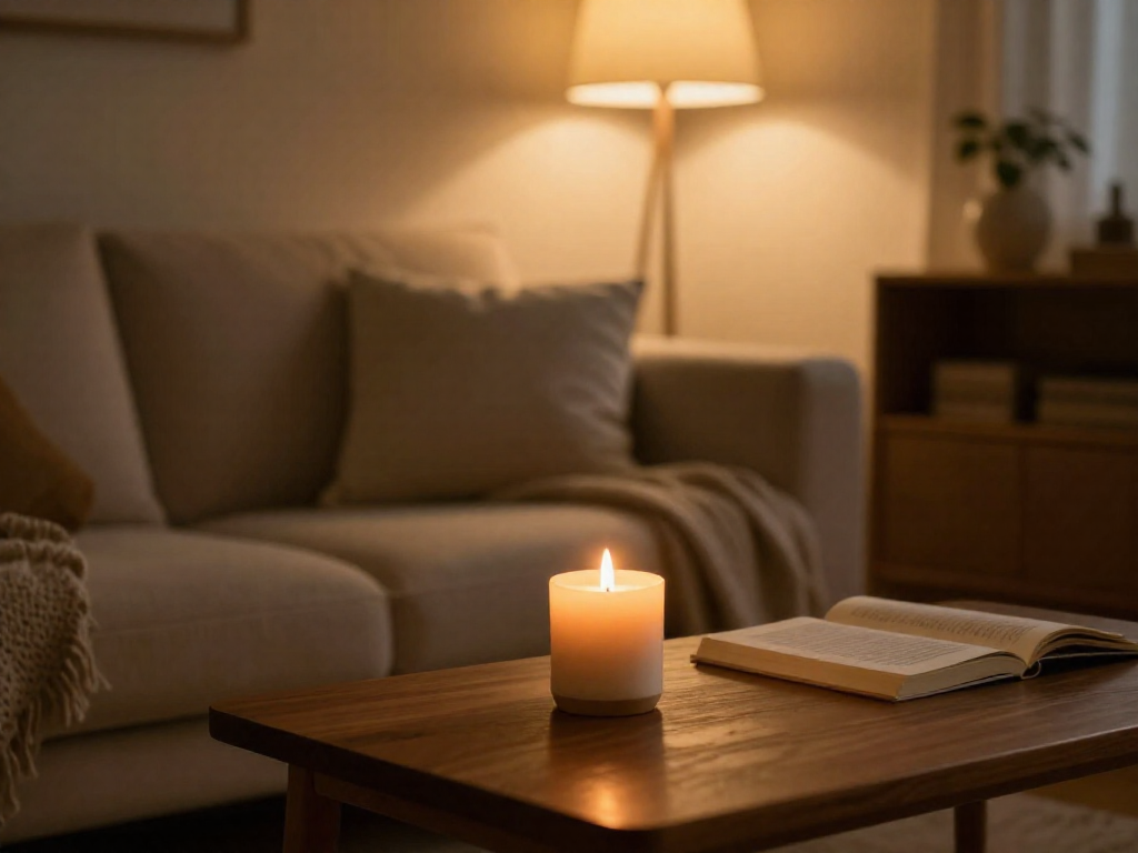 A cozy living room with a lit candle on a coffee table, suggesting a peaceful end to a cleaning session.
