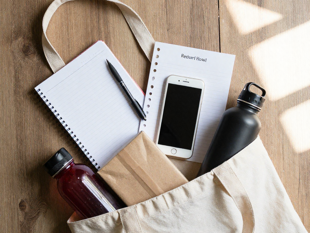 An overhead view of a reusable shopping bag filled with items for a quick errand run, including a notebook, pen, phone, and a return package.