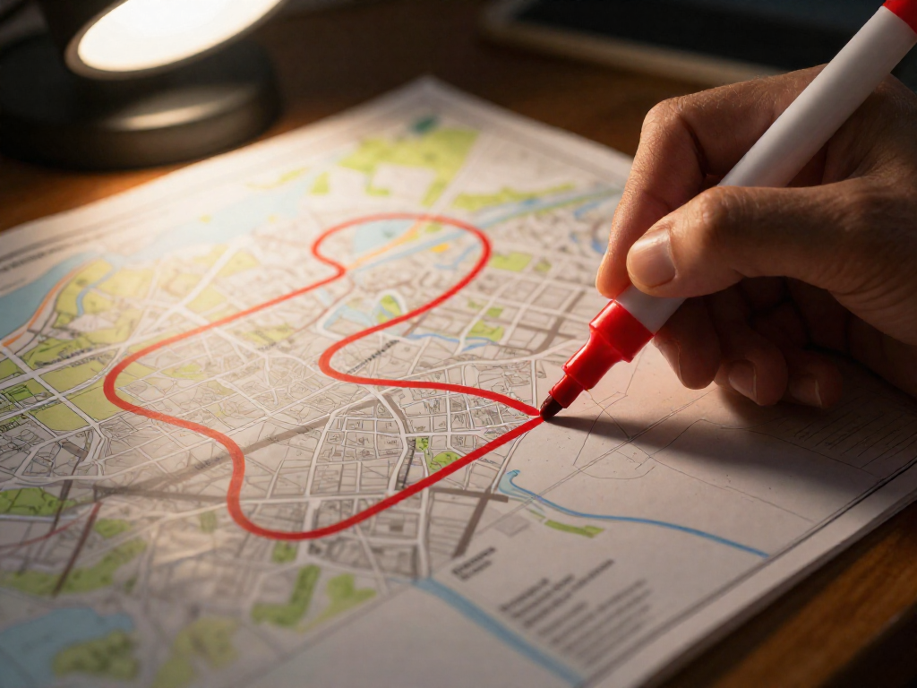 A close-up of a hand plotting a route on a paper map with a marker, emphasizing efficient loop.