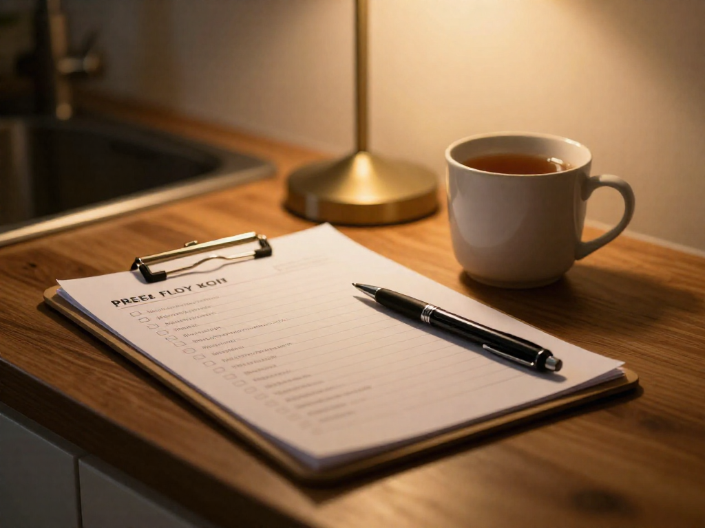 A night-before prep scene with a clipboard checklist and pen on a kitchen counter, softly lit.