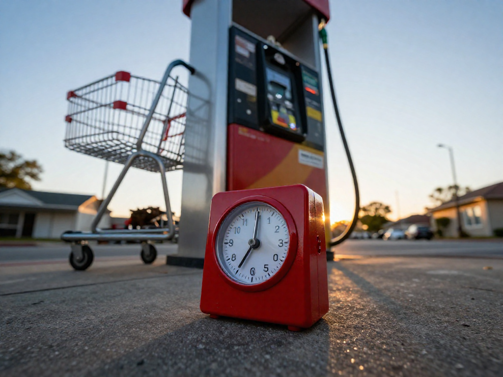 A red mechanical kitchen timer showing 30 minutes, with a grocery cart and gas pump blurred in the background.