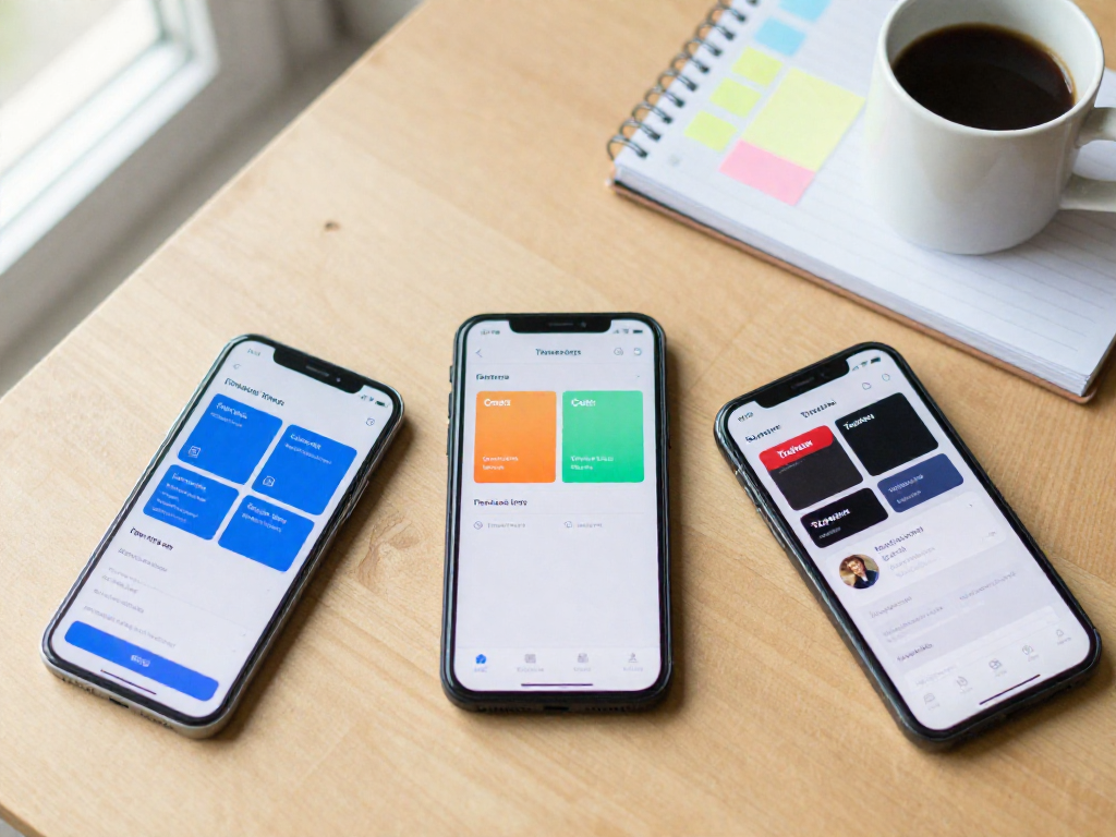 Three smartphones on a wooden table displaying colorful task management apps, with a notebook and coffee cup, suggesting digital chore planning.