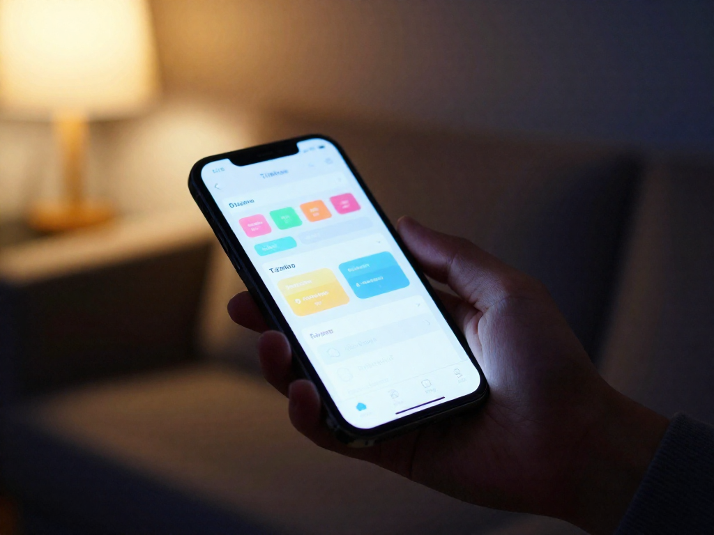 A hand holding a smartphone with a colorful task board app, in a cozy room, depicting digital chore management.