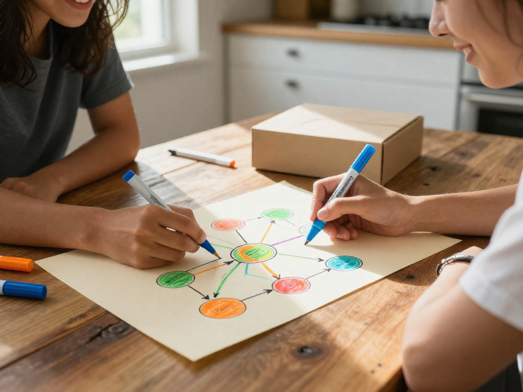 A couple collaboratively drawing a colorful flowchart on paper, symbolizing a chore batching framework.