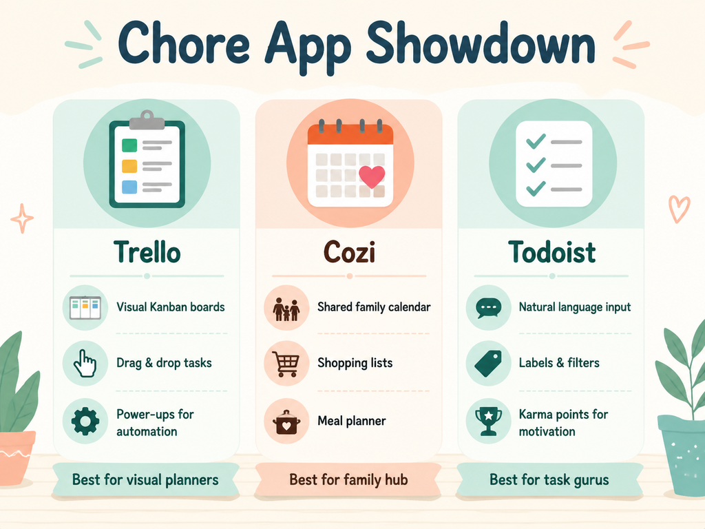 Infographic comparing Trello, Cozi, and Todoist for chore batching. Trello: visual boards, drag-and-drop, automation. Cozi: family calendar, shopping lists, meal planner. Todoist: natural language, labels, filters, motivation points. Best-for tags for each type of user.