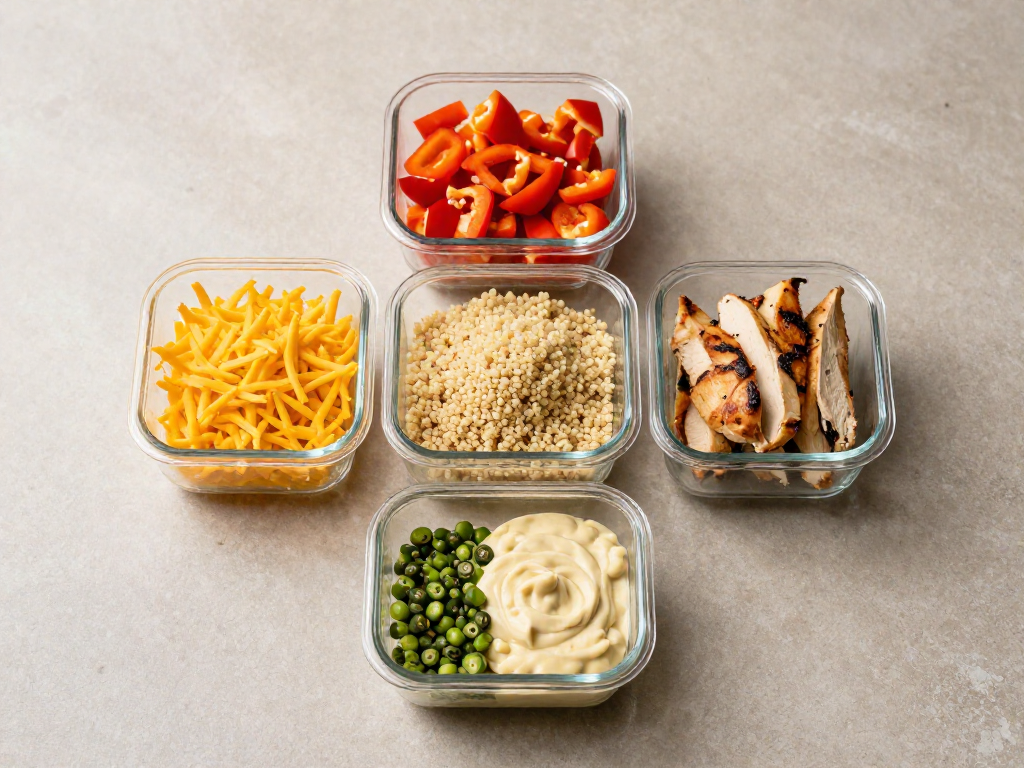 Five glass containers holding different prepped meal ingredients arranged in a deliberate pattern on a kitchen counter.
