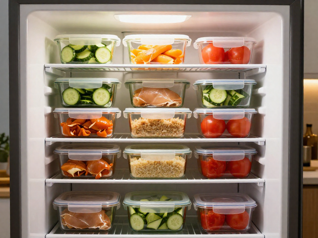 A refrigerator filled with clear containers of prepared meal components, neatly stacked on shelves.