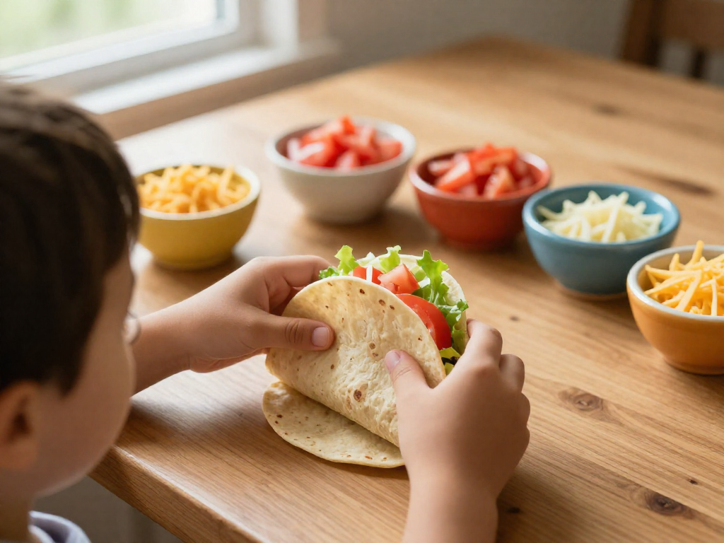 A child's hands assembling a taco with various toppings from small bowls on a table.