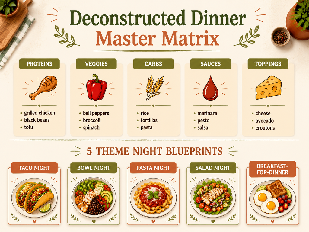 Infographic titled 'Deconstructed Dinner Master Matrix' showing two sections. Top: five building blocks of deconstructed dinners—Proteins, Veggies, Carbs, Sauces, Toppings—each with example foods and icons. Bottom: five theme night blueprints—Taco Night, Bowl Night, Pasta Night, Salad Night, Breakfast-for-Dinner—with plate icons. Soft earthy colors, hand-drawn style.