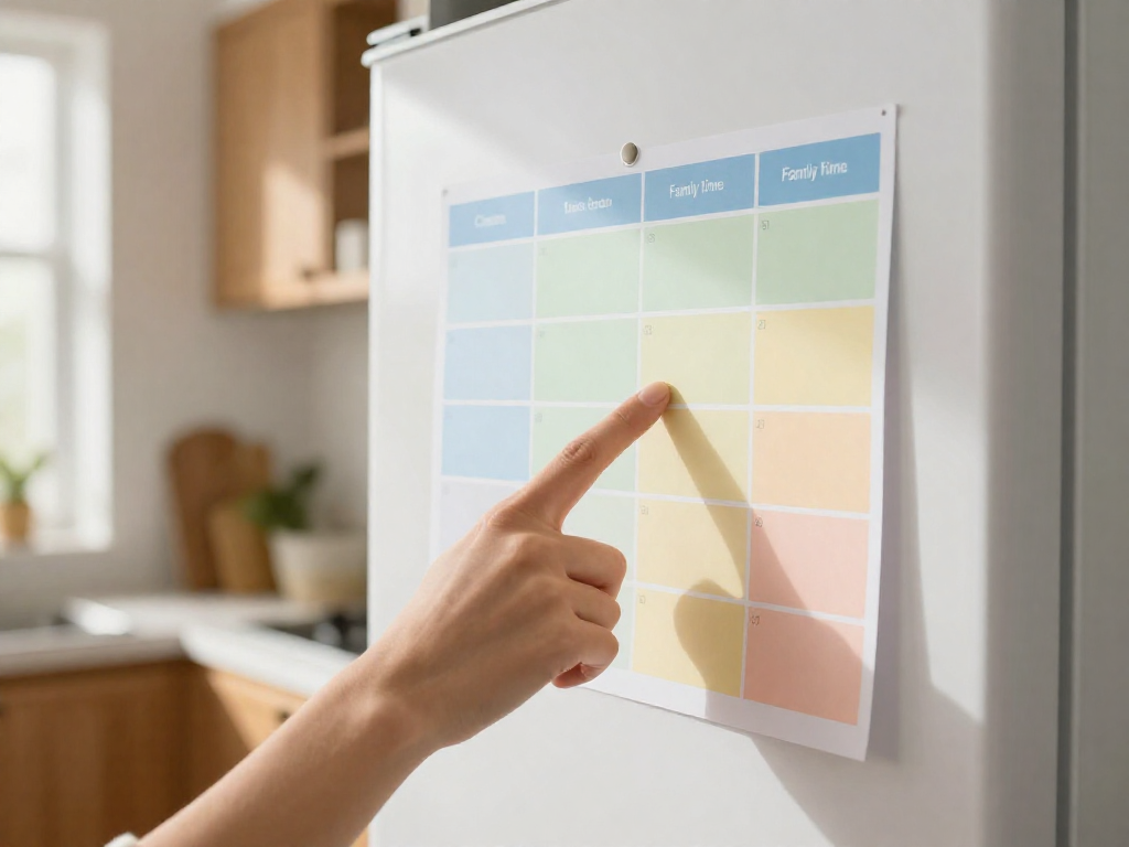 A hand points to a color-coded weekly schedule on a refrigerator in a bright kitchen.