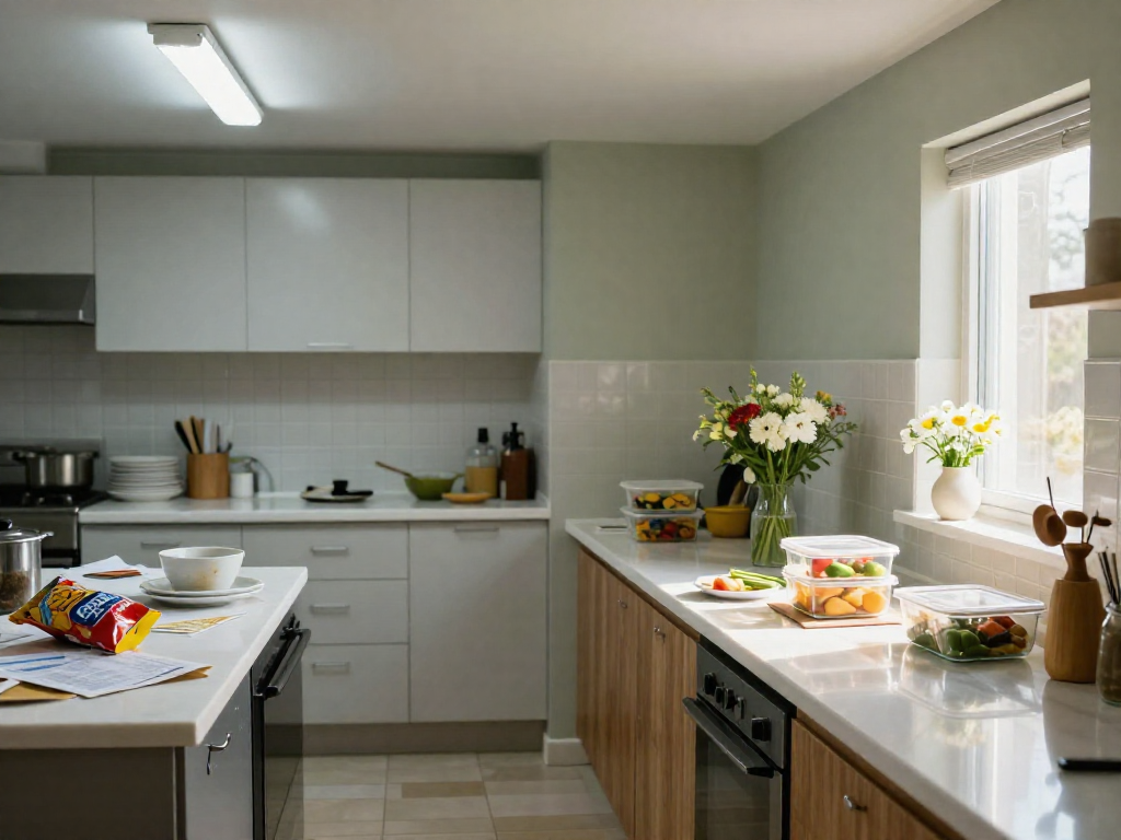 A kitchen split in half showing a messy cluttered side next to a clean organized side.