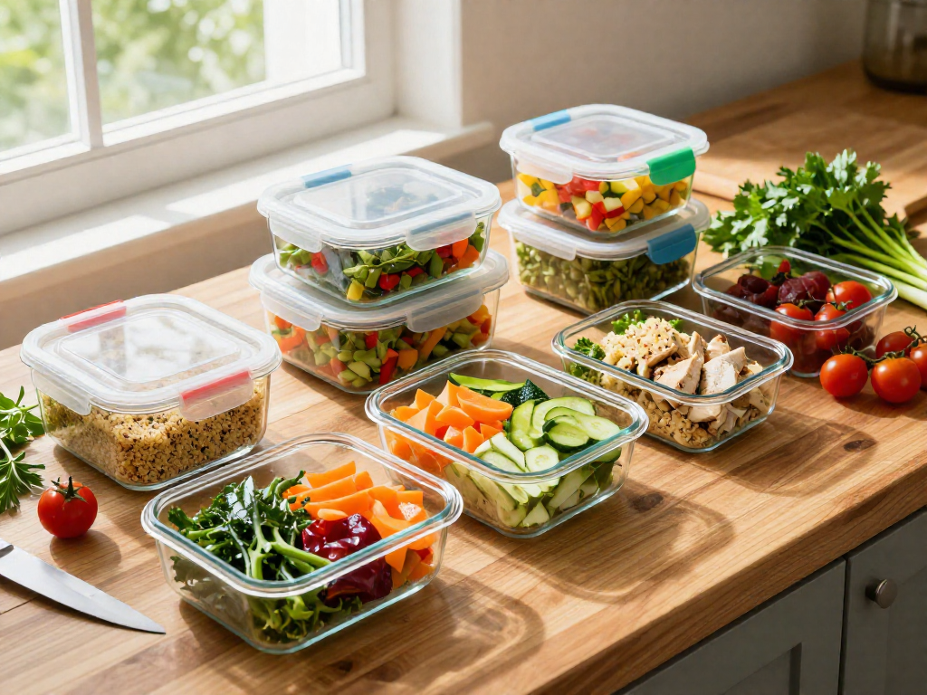 Overhead view of a meal prep station with labeled glass containers filled with prepped food on a wooden surface.