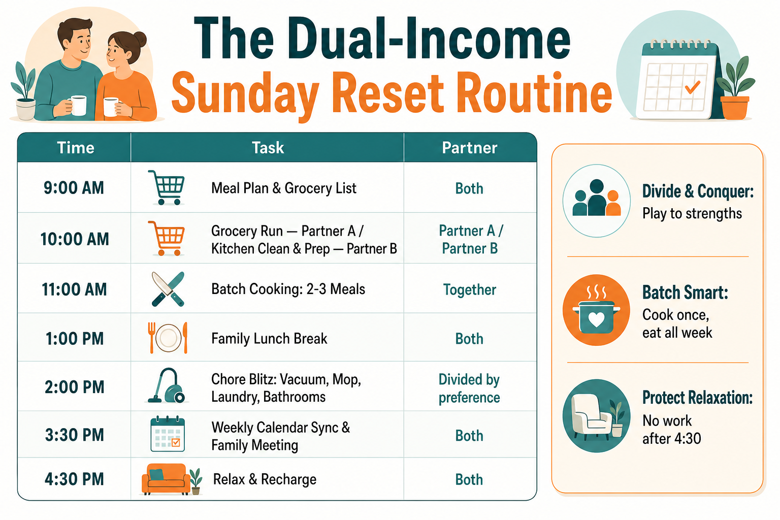 Infographic titled 'The Dual-Income Sunday Reset Routine' showing a timed Sunday schedule for dual-income families. It includes tasks like meal planning at 9am, grocery run and kitchen prep at 10am, batch cooking at 11am, lunch break at 1pm, chore blitz at 2pm, weekly calendar sync at 3:30pm, and relaxation at 4:30pm, with partner assignments and tips on dividing chores, batching meals, and protecting relaxation time.