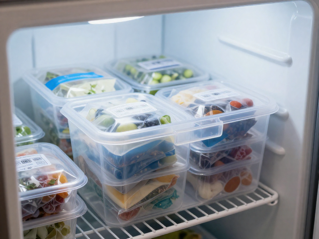 Clear plastic freezer bin containing color-coded wrapped meal portions on a freezer shelf.