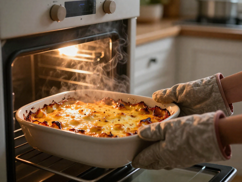 Casserole dish with bubbling cheese being taken out of an open oven by someone wearing oven mitts, with steam rising.