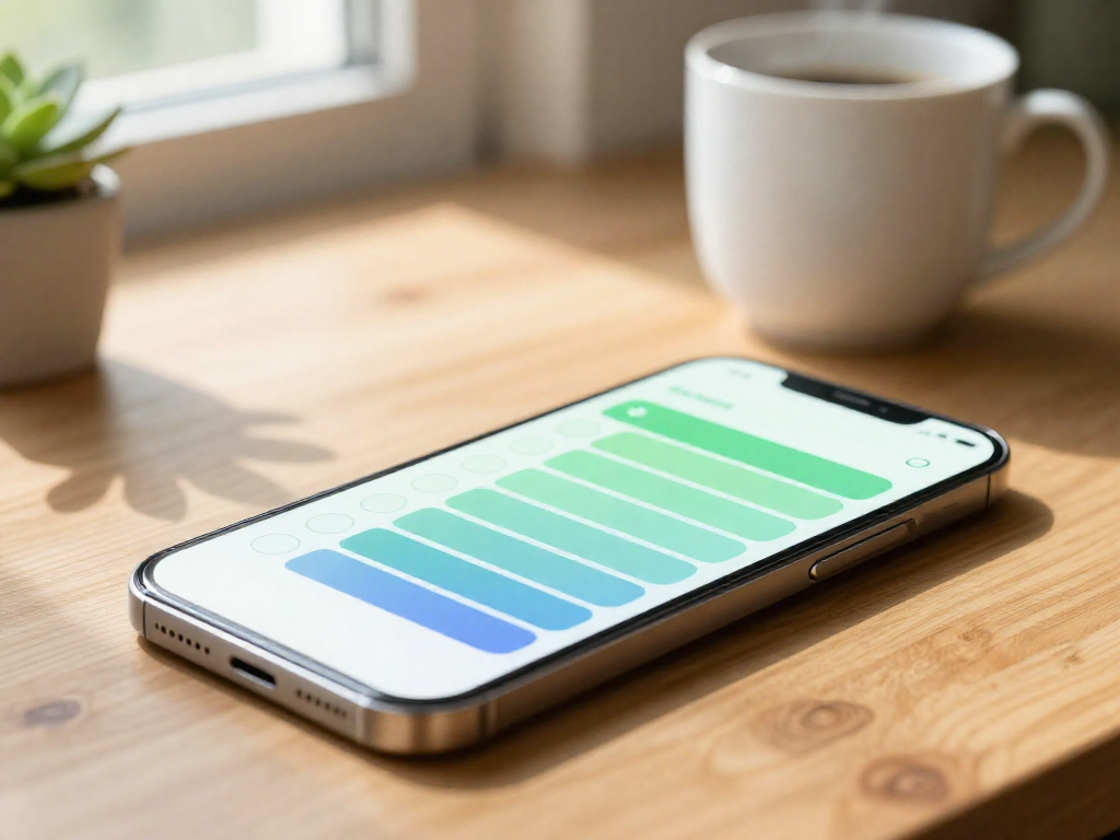 Smartphone on a desk showing a clean, abstract task list with colored bars and empty checkboxes.