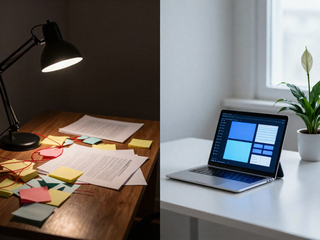 Split image showing a cluttered desk with papers and string on the left, and a clean desk with a tablet on the right.