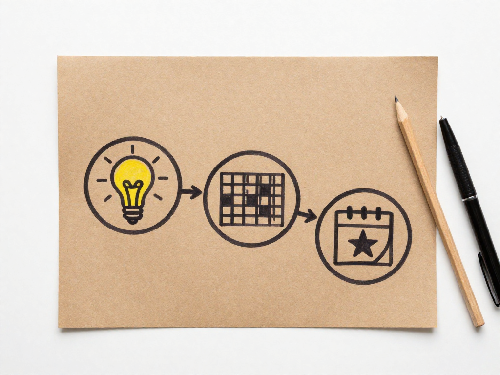 Overhead view of a paper with a hand-drawn flowchart using a lightbulb, grid, and calendar icons connected by arrows.