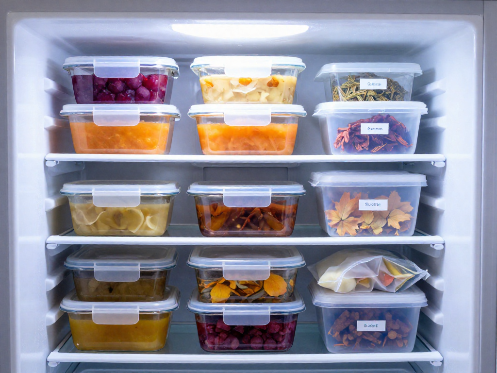 A top-down view of a packed freezer with labeled containers of autumn meals like soups and stews.