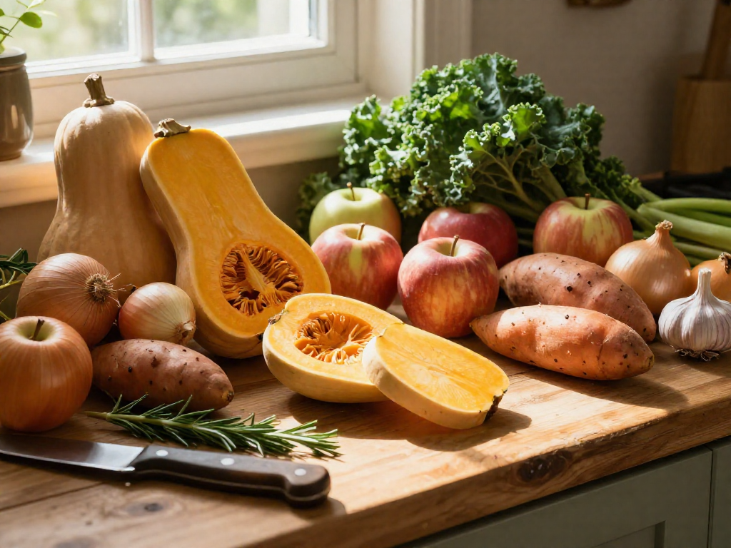 Assorted fall vegetables and herbs arranged on a wooden counter in warm sunlight.