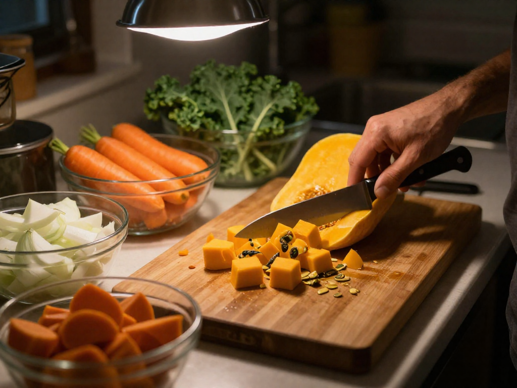 A cutting board with a knife chopping butternut squash, surrounded by bowls of prepped vegetables, in warm kitchen lighting.