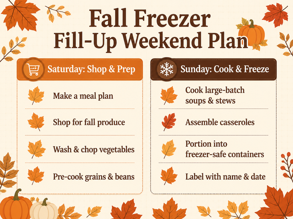 Infographic showing a weekend plan for fall batch cooking and freezing. The left column covers Saturday tasks: meal planning, shopping, washing and chopping vegetables, pre-cooking grains. The right column covers Sunday tasks: cooking soups and stews, assembling casseroles, portioning into containers, labeling. Designed in warm autumn colors with leaf and pumpkin icons.